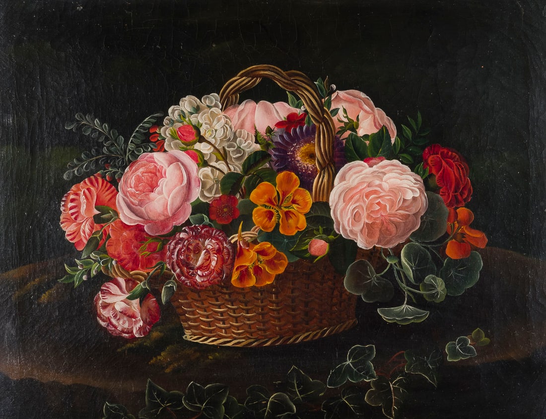JOHAN LAURENTZ JENSEN (SCHULE) | BLUMEN IM KORB: JOHAN LAURENTZ JENSEN (SCHOOL OF) 1800 Copenhagen - 1856 ibid. FLOWERS IN A BASKET Oil on canvas. 43 x 56 cm (f. 54 x 66 cm). Framed. Provenance: Private collection.JOHAN LAURENTZ JENSEN (SCHULE) 1800