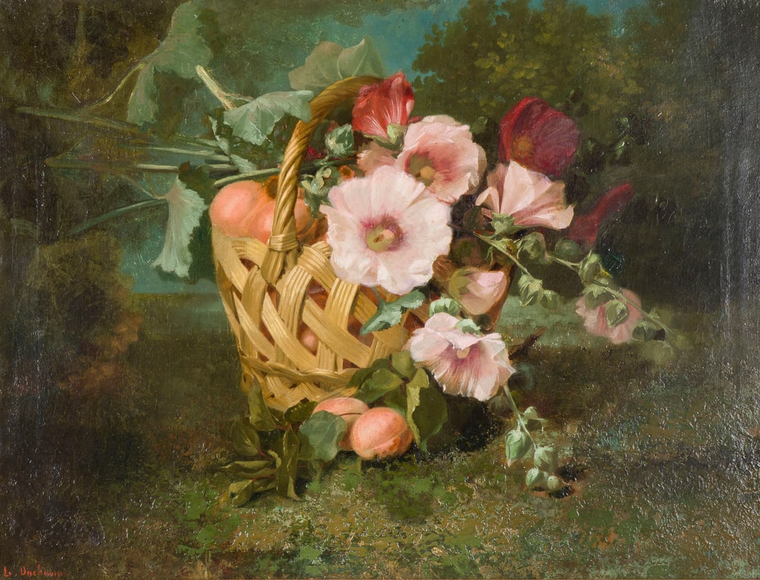 LOUIS-HENRI DESCHAMPS | MALVEN IM KORB: LOUIS-HENRI DESCHAMPS 1846 - 1902 MALVEN IM KORB Oel auf Leinwand. 43 x 55,5 cm (R. 62,5 x 76 cm). Unten links signiert. Rahmen. Provenienz: Kunsthandel Dr. W. Seppmann (Rechnung liegt vor); seit 1999