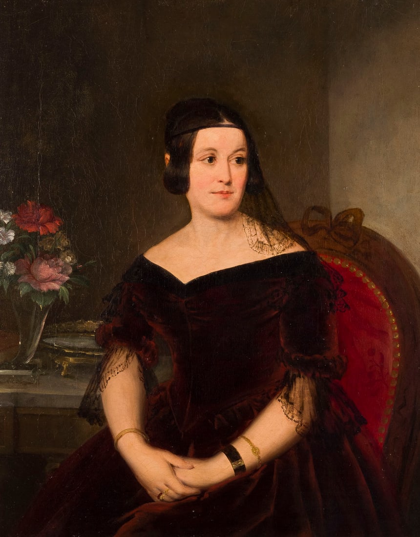 DEUTSCHE SCHULE | DAME IM INTERIEUR: GERMAN SCHOOL Circa 1860 LADY IN AN INTERIOR Oil on canvas, relined. 54 x 43 cm (f. 72 x 62 cm). Partial retouching. Framed. Provenance: Private collection.DEUTSCHE SCHULE um 1860 DAME IM INTERIEUROel