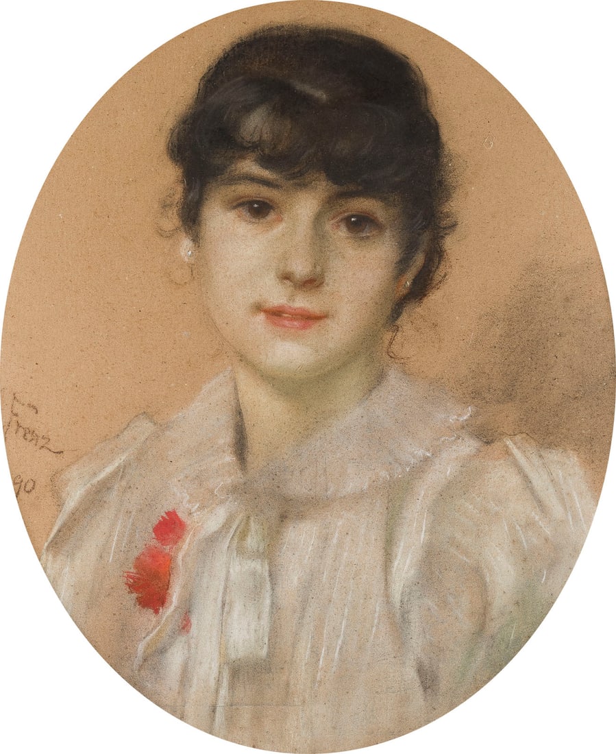 ALEXANDER FRENZ | BILDNIS EINER JUNGEN DAME, 1890: ALEXANDER FRENZ 1861 Rheydt - 1941 Duesseldorf PORTRAIT OF A YOUNG LADY, 1890 Pastel. Visible size: 54.5 x 45 cm (f. 77 x 65 cm). Signed and dated lower left. Slightly stained. Framed under glass. Pro