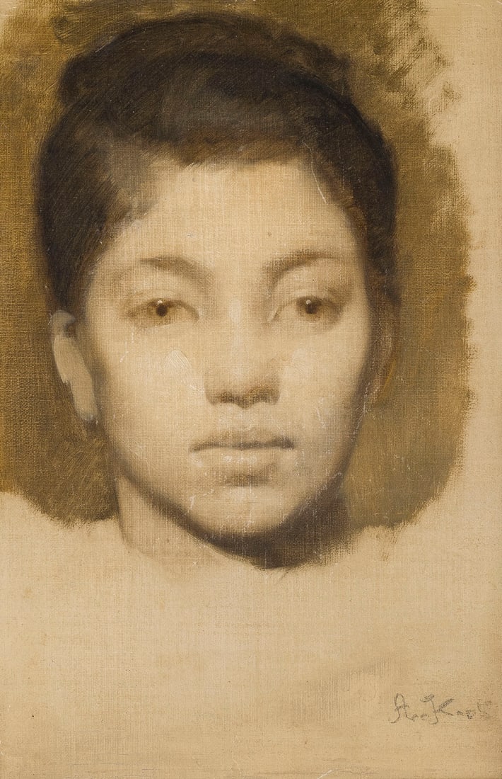 PORTRATIST DES SPAeTEN 19 JH. | GRISAILLE-OLSTUDIE EINES FRAUENKOPFES: PORTRAITIST OF THE LATE 19TH CENTURY GRISAILLE OIL STUDY OF A WOMAN'S HEAD Oil on canvas, laid down on panel. 33.5 x 23.5 cm (f. 50 x 40 cm). Signed lower right. Framed. Provenance: Private collection