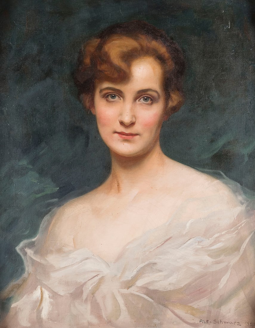 ALFRED SCHWARZ | DAMENBILDNIS, 1928: ALFRED SCHWARZ 1867 Berlin - 1951 Saulgau PORTRAIT OF A LADY, 1928 Oil on canvas. 66 x 54 cm (f. 75 x 64 cm). Signed and dated lower right. Framed. Provenance: Private collection.ALFRED SCHWARZ 1867 B
