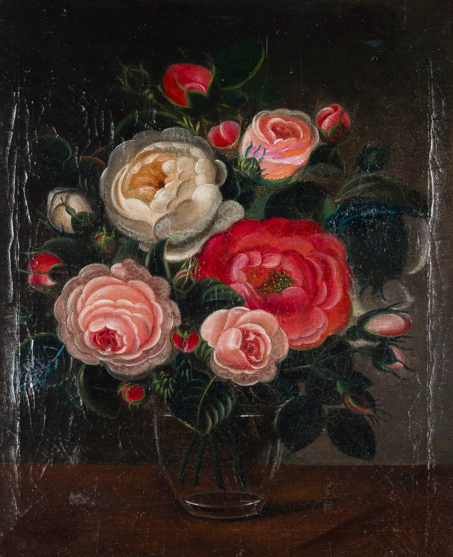 JOHAN LAURENTZ JENSEN (SCHULE) | BLUMEN IN GLASVASE: JOHAN LAURENTZ JENSEN (SCHOOL) 1800 Copenhagen - 1856 ibid. FLOWERS IN A GLASS VASE Oil on canvas. 38.5 x 32.5 cm (f. 47 x 40 cm). Restored, retouching; craquelure. Framed. Provenance: Private collect