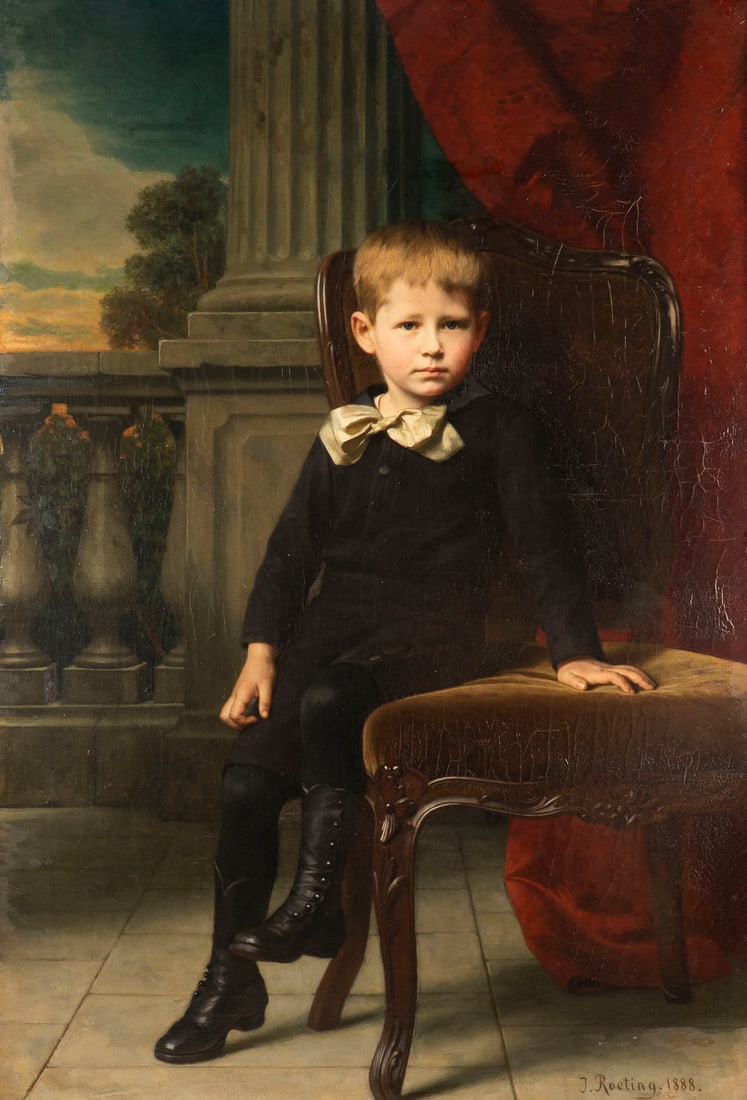 JULIUS AMATUS ROETING | BILDNIS EINES KNABEN, 1888: JULIUS AMATUS ROETING 1821 Dresden - 1896 Dusseldorf PORTRAIT OF A BOY, 1888 Oil on canvas. 126 x 87 cm (F. 145 x 106 cm). Signed and dated lower right. Craquelure. Framed.JULIUS AMATUS ROETING 1821 D
