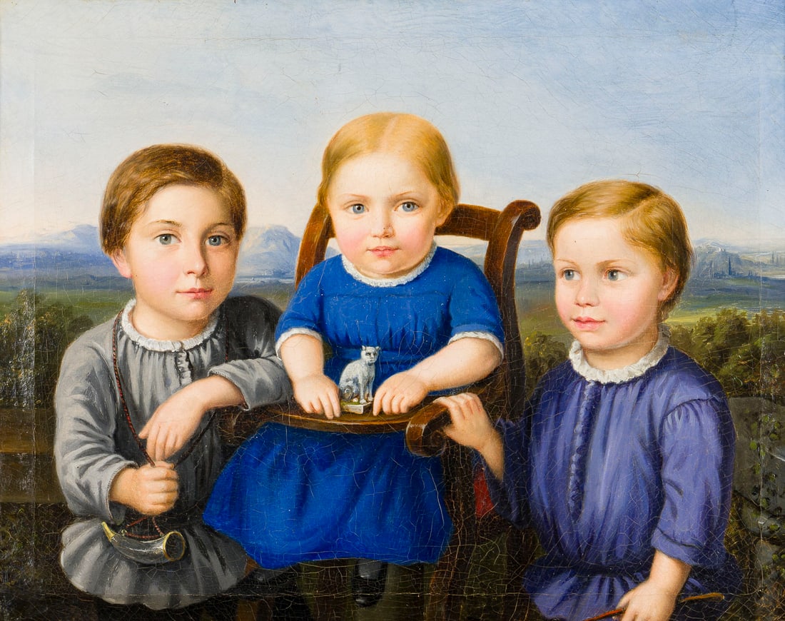 BIEDERMEIER-PORTRAITIST | GESCHWISTERPORTRAeT: BIEDERMEIER-PORTRAITIST taetig Mitte 19. Jh. GESCHWISTERPORTRAeT Oel auf Leinwand. 50 x 61 cm (R. 67 x 80 cm). Krakelee. Rahmen.BIEDERMEIER-PORTRAITIST taetig Mitte 19. Jh. GESCHWISTERPORTRAeTOel auf