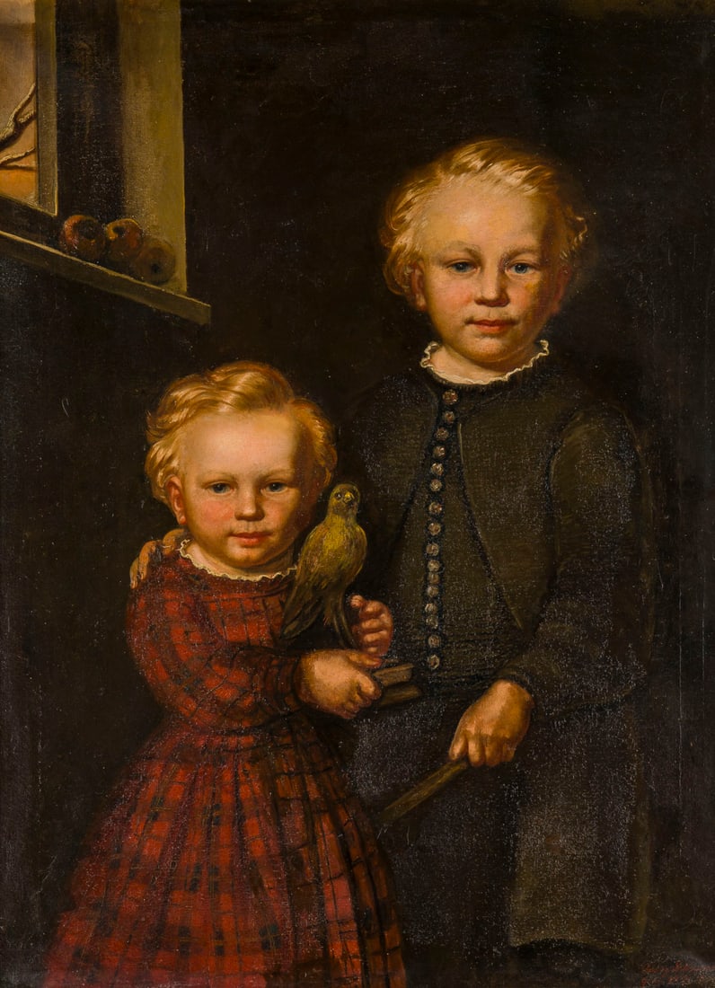 GEORG SCHIRMER | GESCHWISTERPORTRAeT, CASSEL 1871: GEORG SCHIRMER 1816 - 1880 GESCHWISTERPORTRAeT, Cassel 1871 Oel auf Leinwand. 87 x 66 cm (R. 100 x 78 cm). Unten rechts signiert und datiert. Verso: bezeichnet. Retuschen. Rahmen.GEORG SCHIRMER 1816
