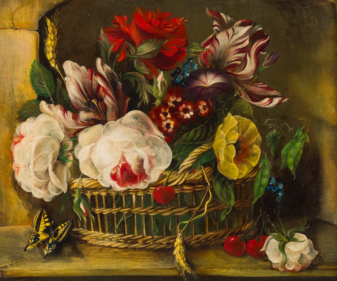 VAN SPAENDONCK | BLUMEN IM KORB: VAN SPAENDONCK Active 20th Century FLOWERS IN A BASKET Oil on panel. 26 x 33 cm. Signed lower left. Framed.VAN SPAENDONCK taetig 20. Jh BLUMEN IM KORBOel auf Holz. 26 x 33 cm. Unten links signiert.