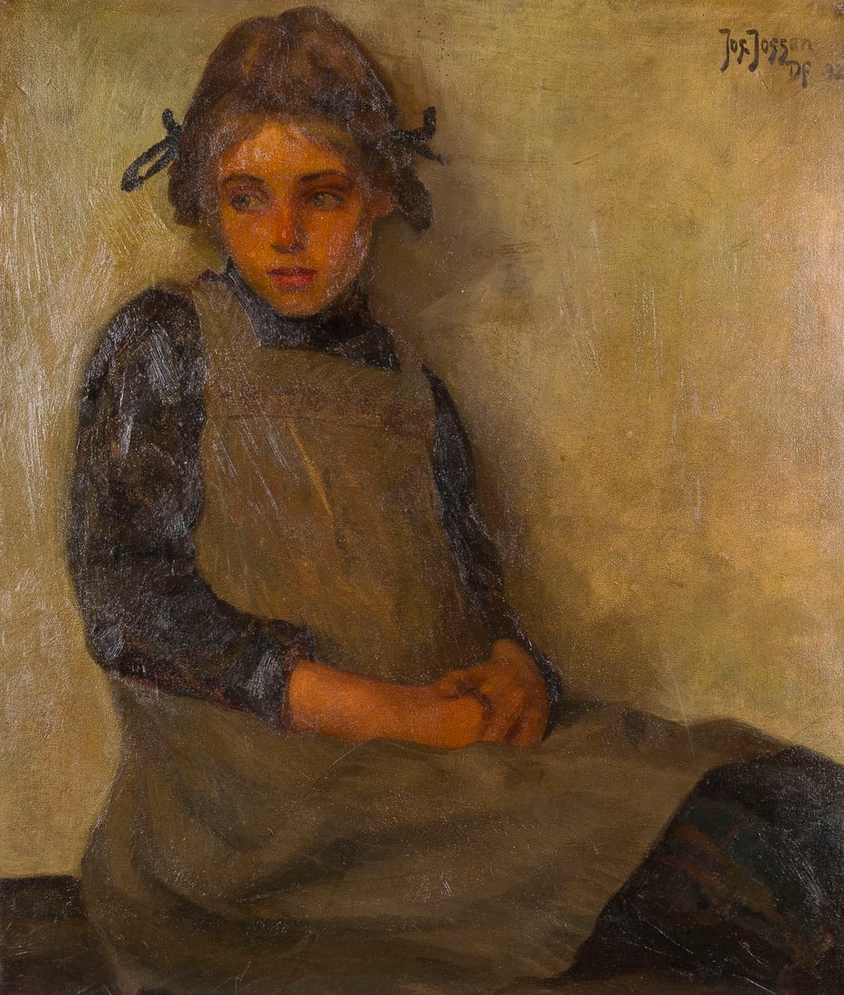 JOSEF JOSSEN | MAeDCHENBILDNIS, 1922: JOSEF JOSSEN Active in Dusseldorf, 1st quarter of the 20th century PORTRAIT OF A GIRL, 1922 Oil on card. 60 x 50 cm (F. 75 x 67 cm). Signed and dated upper right. Soiled. Framed.JOSEF JOSSEN Taetig