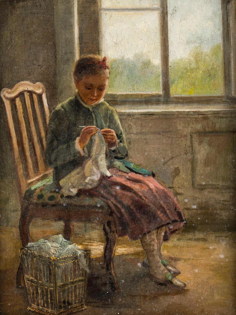 EMIL RUMPF | MAeDCHEN BEIM NAeHEN: EMIL RUMPF 1860 Frankfurt/Main - 1948 Kronberg/Taunus MAeDCHEN BEIM NAeHEN Oel auf Holz. 22 x 17,5 cm (R. 38 x 33 cm). Verso: Nachlassetikett, Widmung und alte Etiketten. Part. berieben. Rahmen.EMIL