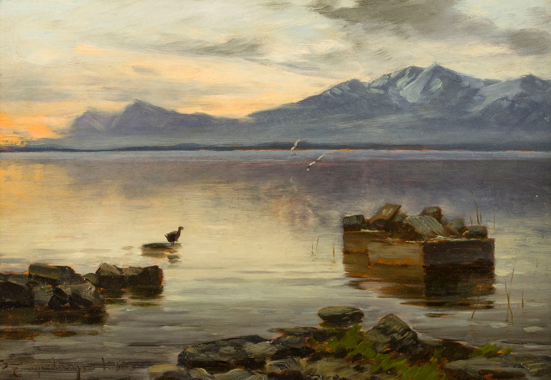 JOSEPH WOPFNER | ABENDLICHER CHIEMSEE: JOSEPH WOPFNER 1843 Schwaz - 1927 Muenchen ABENDLICHER CHIEMSEE Oel auf Holz. 27 x 39 cm (R. 37 x 50 cm). Unten links bezeichnet und monogrammiert. Rahmen.JOSEPH WOPFNER 1843 Schwaz - 1927 Muenchen