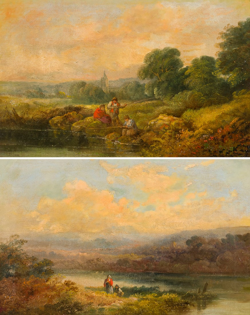 BRITISCHE SCHULE | PAAR LANDSCHAFTEN: BRITISH SCHOOL Active 2nd half of the 19th Century A PAIR OF LANDSCAPES Oil on canvas. 25.5 x 40.5 cm (f. 45 x 60 cm). Remnants of a signature lower left. Framed.BRITISCHE SCHULE Taetig 2. Haelfte 19.