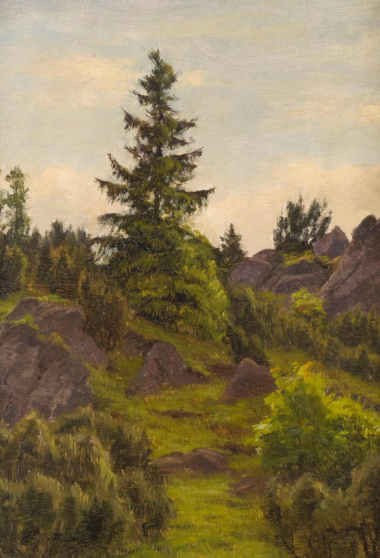 HANNY FRANKE | ZWEI LANDSCHAFTEN: SONNIGER TAG AN DER NIDDA / FELSIGE LANDSCHAFT: HANNY FRANKE 1890 Koblenz-Horchheim - 1973 Frankfurt am Main TWO LANDSCAPES: SUNNY DAY BY THE NIDDA / ROCKY LANDSCAPE Each oil on cardboard. 28 x 36 cm (f. 40 x 48 cm) and 33 x 24 cm (f. 43 x 34 cm). 