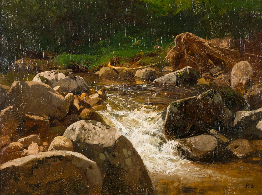 RUDOLF HEINRICH SCHUSTER |OeLSTUDIE EINES WALDBACHS: RUDOLF HEINRICH SCHUSTER 1848 - 1902 OeLSTUDIE EINES WALDBACHS Oel auf Karton. 30 x 39 cm (R. 38,5 x 47 cm). Verso: bezeichnet. Rahmen.RUDOLF HEINRICH SCHUSTER 1848 - 1902OeLSTUDIE EINES WALDBACHSOel 