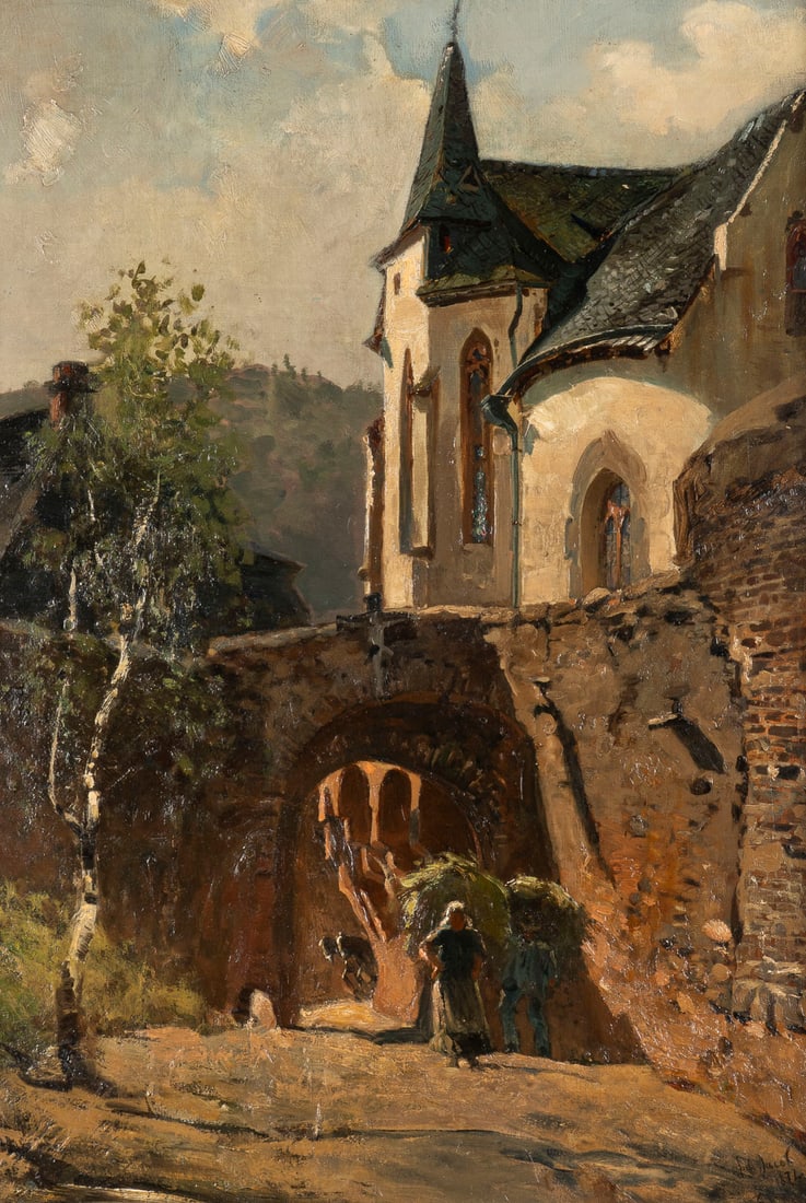 JULIUS JACOB II | PARTIE IN EINEM ALTEN STAeDTCHEN, 1872: Julius Jacob II 1842 Berlin - 1922 ibid. View of an Old Town, 1872 Oil on canvas, marouflaged. 62 x 43 cm (f. 68 x 49 cm). Signed and dated lower right. Framed.JULIUS JACOB II 1842 Berlin - 1922 ebend