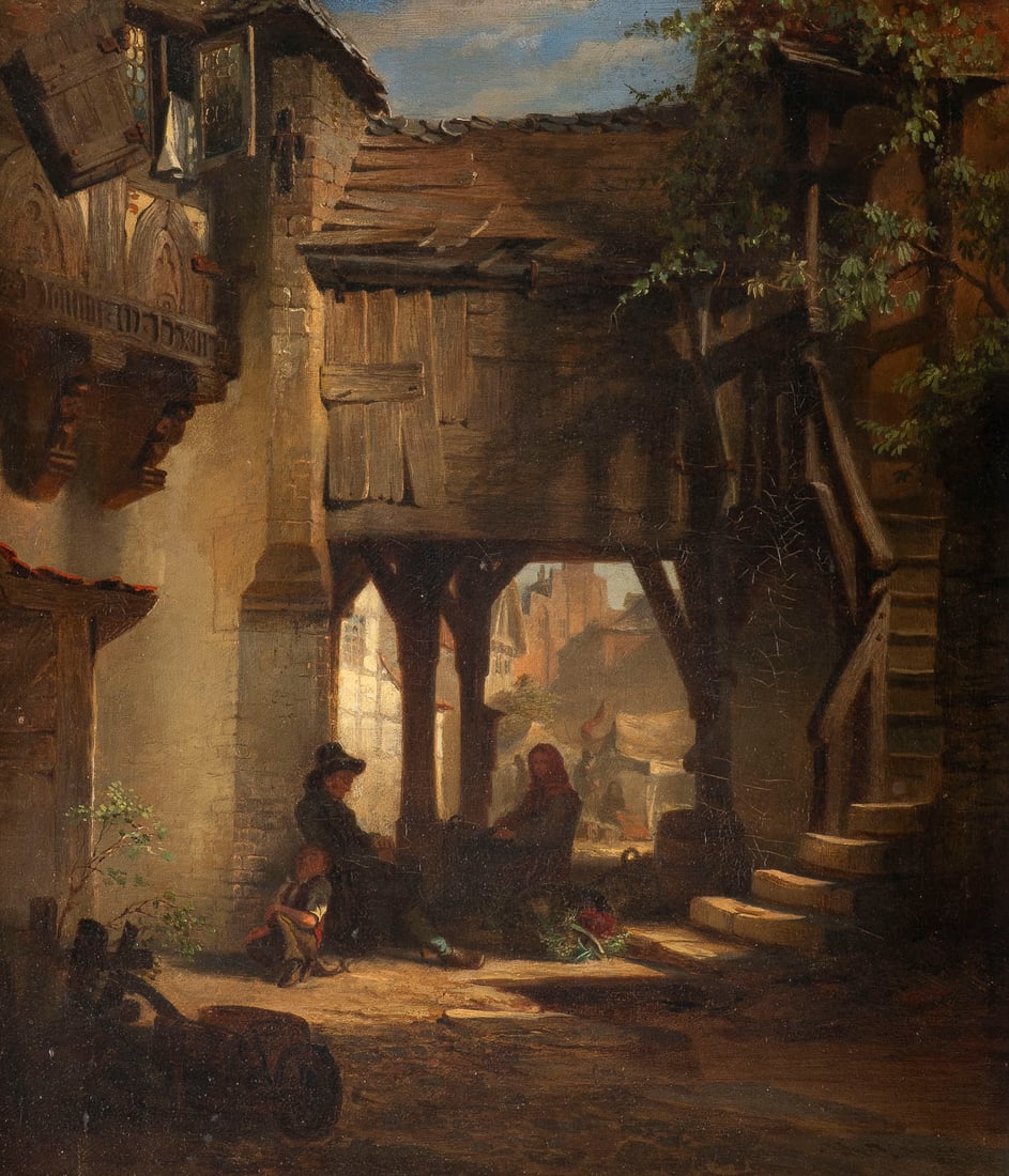 RUDOLPH WILHELM KOCH | EINE GASSE NEBEN DEM MARKTPLATZ: RUDOLPH WILHELM KOCH 1834 - 1885 AN ALLEY BY THE MARKET SQUARE Oil on canvas. 40 x 35 cm (f. 51 x 46 cm). Signed lower right. Framed.RUDOLPH WILHELM KOCH 1834 - 1885 EINE GASSE NEBEN DEM MARKTPLATZOel