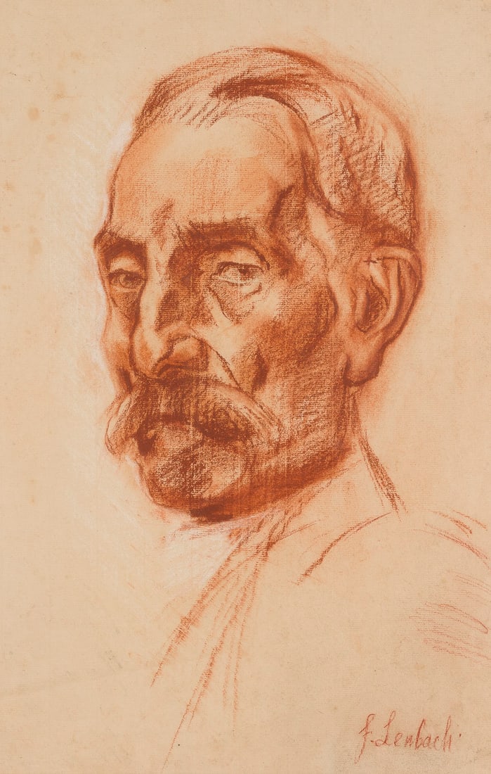 FRANZ SERAPH VON LENBACH (ZUGESCHRIEBEN) | HERRENPORTRAIT: FRANZ SERAPH VON LENBACH 1836, Schrobenhausen - 1904, Munich GENTLEMAN'S PORTRAIT Red and white chalk on paper. Visible area: 40.5 x 27 cm (f. 59 x 46 cm). Signed lower right. Partially stained. Frame