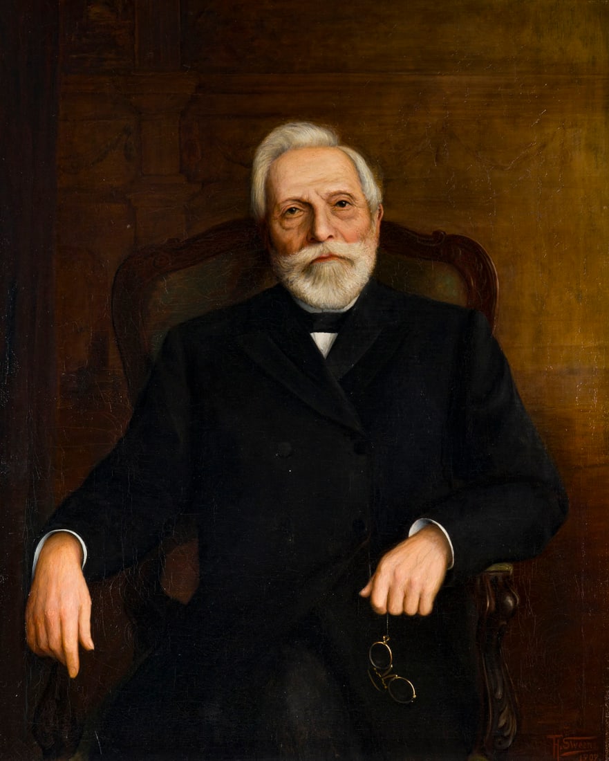 TH. SWEENS | JUDOCUS TIMMERMANS WILLEMSZOON, 1907: TH. SWEENS taetig Anfang 20. Jh. JUDOCUS TIMMERMANS WILLEMSZOON, 1907 Oel auf Leinwand. 101 x 80 cm. Unten rechts signiert. Beiliegend: Einladung zum Abendessen anlaesslich des 100. Geburtstages der