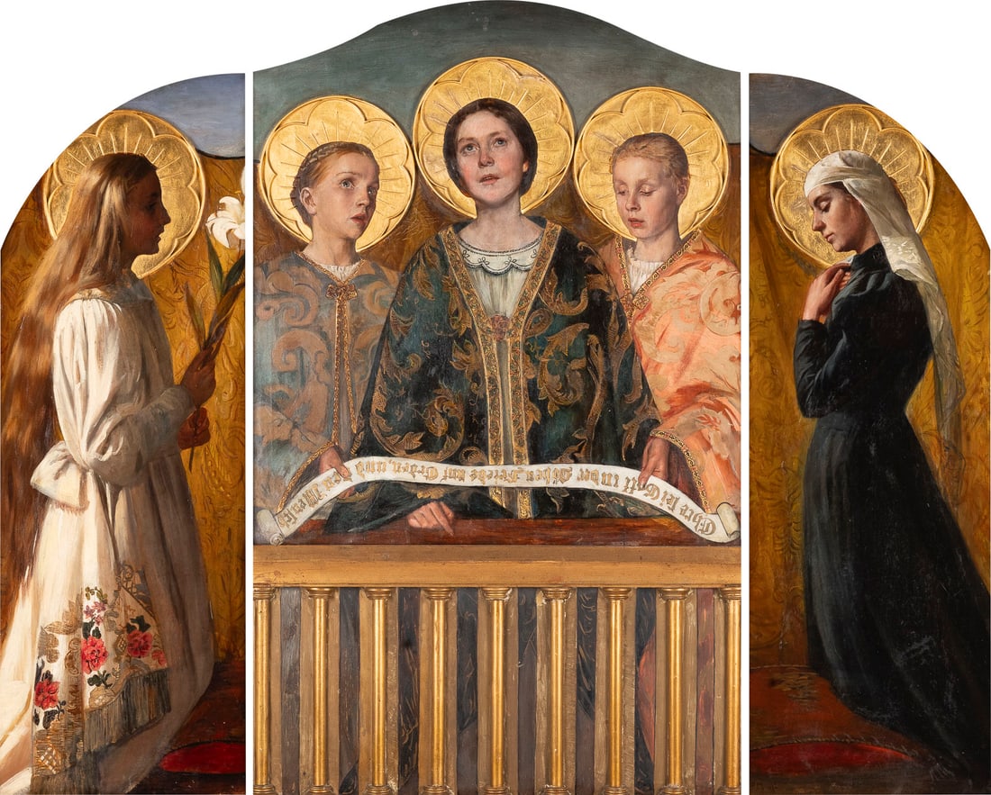 PAULA MONJE | TRIPTYCHON 'EHRE SEI GOTT IN DER HOHE.', 1899: PAULA MONJE 1849 Duesseldorf - 1919 ebenda TRIPTYCHON 'EHRE SEI GOTT IN DER HOHE.', 1899 Oel auf Leinwand, Holz vergoldet, Stoff. geoeffnet 140 x 153 cm. Rechter Fluegel signiert und datiert. Das