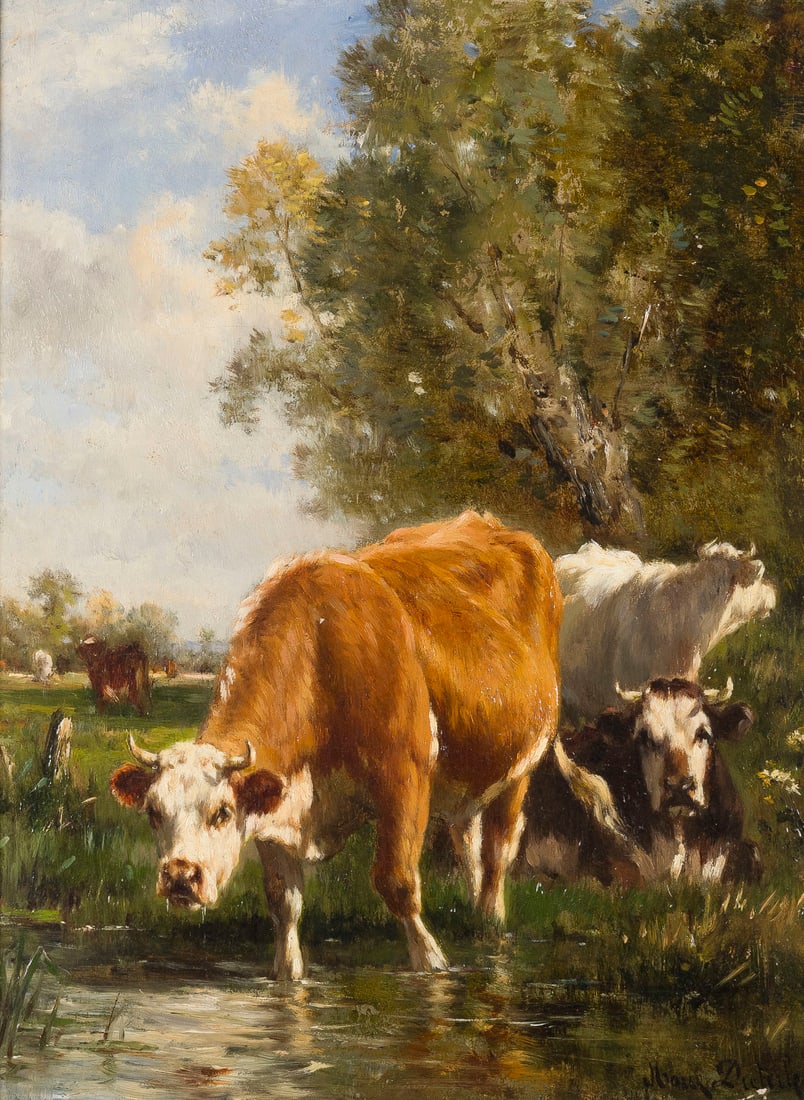 MARIE DIETERLE | KUeHE AN DER TRAeNKE: MARIE DIETERLE 1856 France - 1935 COWS AT THE WATERING PLACE Oil on canvas. 42 x 32 cm (f. 52 x 42 cm). Signed lower right. Tiny paint flaking lower right. Framed.MARIE DIETERLE 1856 Frankreich - 1935