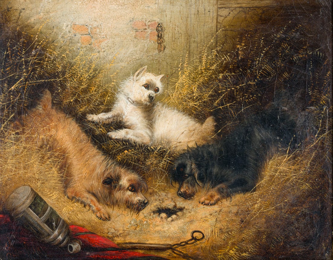 GEORGE ARMFIELD | TERRIER AUF JAGD IN DER SCHEUNE: GEORGE ARMFIELD 1808 Bristol - 1893 London TERRIERS ON THE HUNT IN THE BARN Oil on canvas. 41 x 51 cm (f. 53 x 64 cm). Indistinctly signed or monogrammed lower left. Verso: old labels and