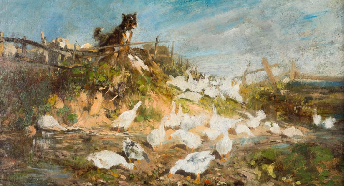 ANTONIO MONTEMEZZO | SCHAeFERHUND UND GAeNSEHERDE AN EINEM TEICH: ANTONIO MONTEMEZZO 1841 San Paolo di Piave - 1898 Munich SHEPHERD DOG AND A FLOCK OF GEESE BY A POND Oil on canvas, relined. 33 x 60 cm (f. 47 x 73 cm). Signed lower right. Framed.ANTONIO MONTEMEZZO 1
