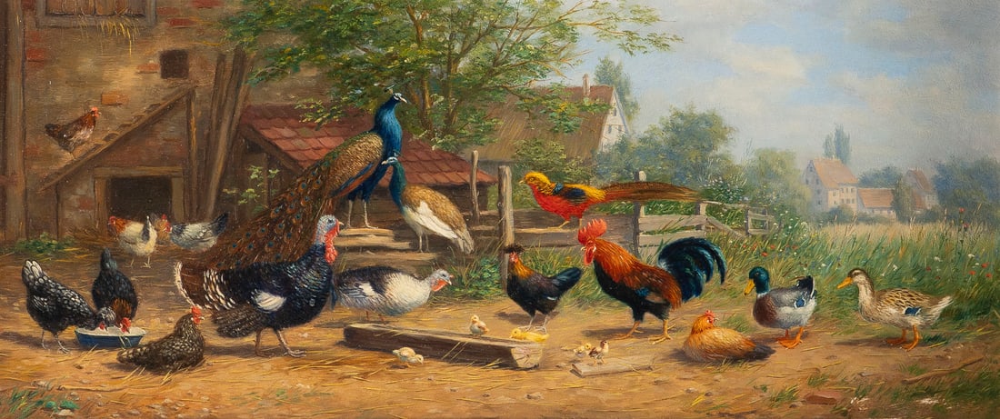 CARL JUTZ (IN DER ART VON) | HUeHNERHOF: CARL JUTZ (MANNER OF) 1838 Windschlag - 1916 Pfaffendorf THE CHICKEN YARD Oil on panel. 18 x 42 cm (f. 40 x 63 cm). Framed.CARL JUTZ (IN DER ART VON) 1838 Windschlaeg - 1916 Pfaffendorf HUeHNERHOFOel