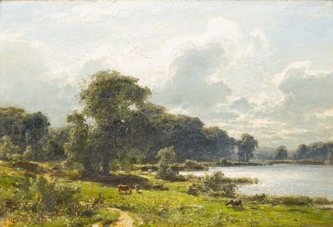 DEUTSCHER / NIEDERLAeNDISCHER LANDSCHAFTMALER | WEIDELANDSCHAFT AM FLUSS: DEUTSCHER / NIEDERLAeNDISCHER LANDSCHAFTMALER Taetig 2. H. 19. Jh. WEIDELANDSCHAFT AM FLUSS Oel auf Leinwand. 27 x 39 cm (R. 51 x 63 cm). Unten links undeutlich signiert. Rahmen.DEUTSCHER /