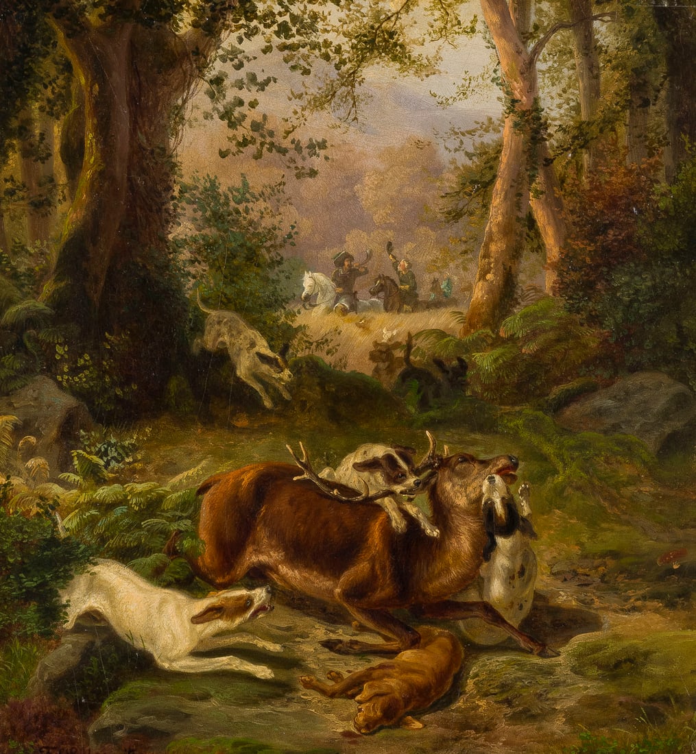 FRIEDRICH SIEGMUND LACHENWITZ | JAGDSZENE: FRIEDRICH SIEGMUND LACHENWITZ 1820 Neuss - 1868 Dusseldorf HUNTING SCENE Oil on cardboard. 33 x 29.5 cm (f. 51 x 48 cm). Signed lower left. Verso: old label with handwritten description and price.