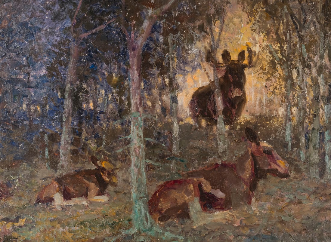 EUGEN OSSWALD | ELCHFAMILIE IM WALD: EUGEN OSSWALD 1879 Stuttgart - 1960 Munich A FAMILY OF MOOSE IN THE FOREST Oil on panel. 35 x 48 cm (f. 47 x 60 cm). Framed.EUGEN OSSWALD 1879 Stuttgart - 1960 Muenchen ELCHFAMILIE IM WALDOel auf
