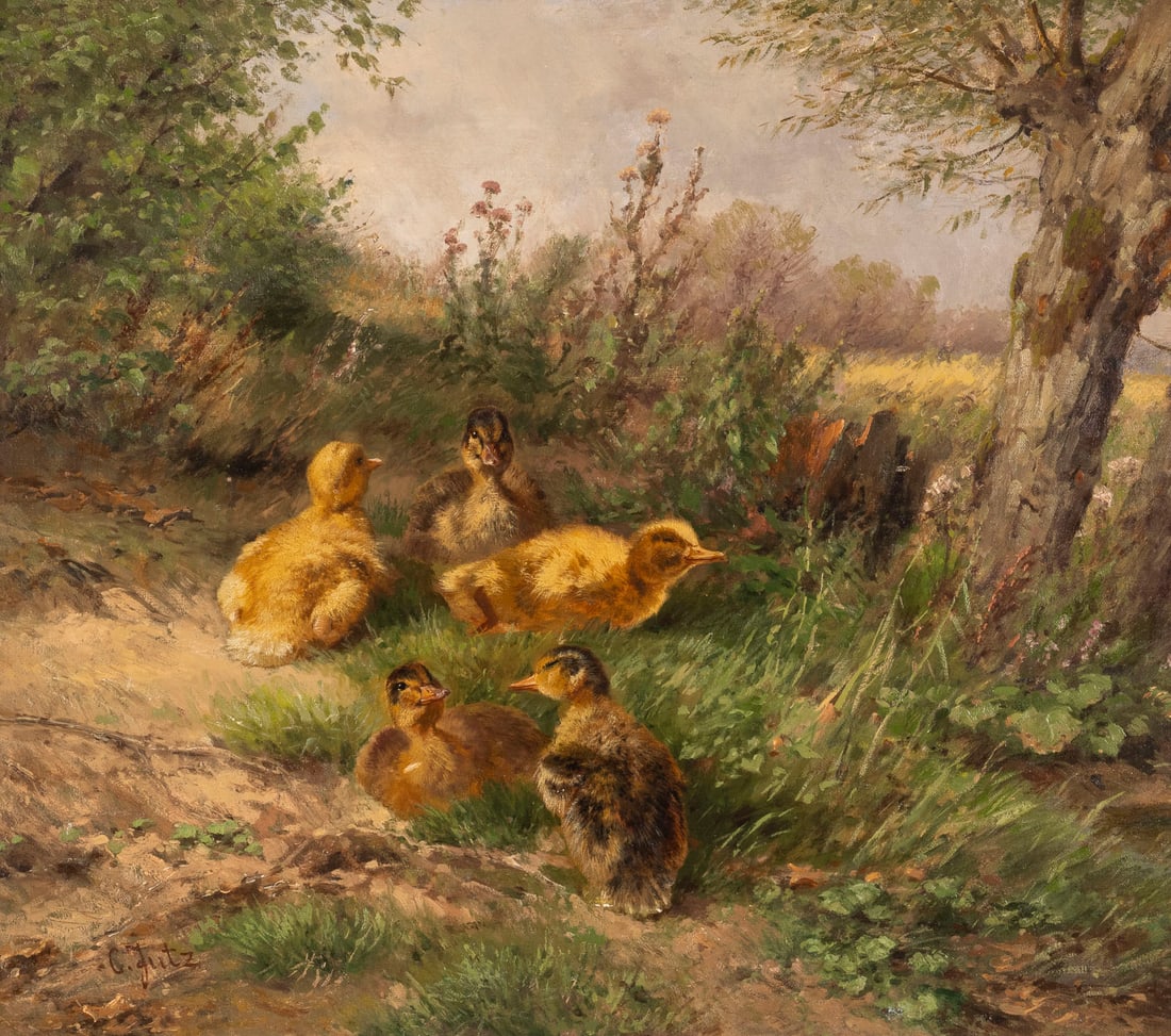 CARL D.J. JUTZ | ENTENKUeKEN IM GRAS: CARL D.J. JUTZ 1873 Duesseldorf - 1915 Radun DUCKLINGS IN THE GRASS Oil on canvas laid on wood. 52 x 60 cm (frame 79 x 87 cm). Signed lower left 'C. Jutz'. Framed.CARL D.J. JUTZ 1873 Duesseldorf -