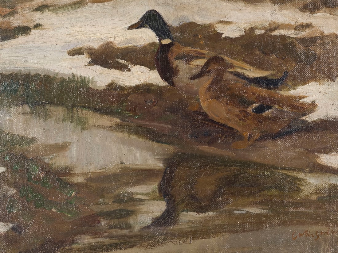 CARL WEISGERBER | ENTEN: CARL WEISGERBER 1891 Ahrweiler - 1968 Dusseldorf DUCKS 35 x 46 cm (f. 60 x 70 cm). Oil on canvas, laid down on hardboard. Signed lower right. Framed.CARL WEISGERBER 1891 Ahrweiler - 1968 Duesseldorf
