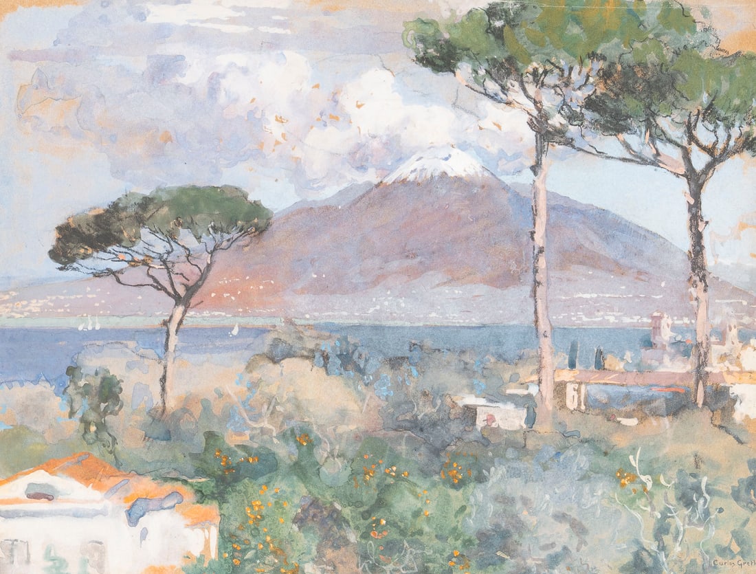 CARLOS CONRAD GRETHE | VESUV BEI SORRENT, 1898: CARLOS CONRAD GRETHE 1864 Montevideo, Uruguay - 1913 Nieuwpoort, Belgium VESUVIUS NEAR SORRENTO, 1898 Gouache on paper (or cardboard). 24.5 x 32.5 cm (Frame: 39 x 46 cm). Signed lower right. Framed. T