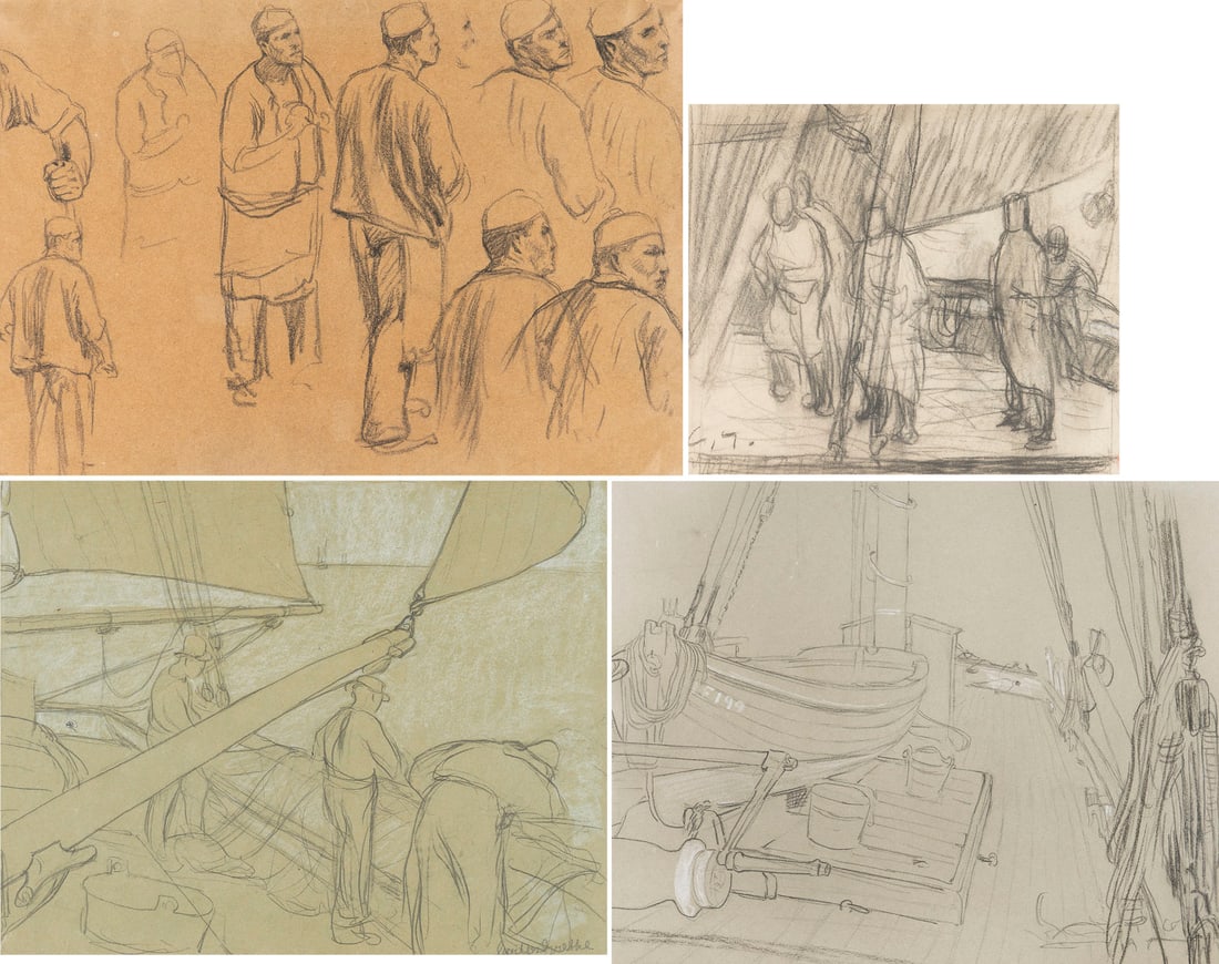 CARLOS CONRAD GRETHE | DREI ARBEITEN: IM BOOT: CARLOS CONRAD GRETHE 1864 Montevideo, Uruguay - 1913 Nieuwpoort, Belgium THREE WORKS: IN THE BOAT Pencil and charcoal on paper, partially heightened with white. Sight size 31 x 39 cm (F. 51 x 66 cm), 