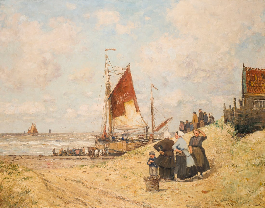 WILHELM HAMBUeCHEN | KUeSTENANSICHT MIT SEGELBOOTEN UND FISCHERN: WILHELM HAMBUeCHEN 1869 Duesseldorf - 1939 ibid. COASTAL VIEW WITH SAILING BOATS AND FISHERMEN Oil on canvas. 80 x 100 cm (F. 99.5 x 119 cm). Signed lower right. Retouching. Framed.WILHELM HAMBUeCHEN 