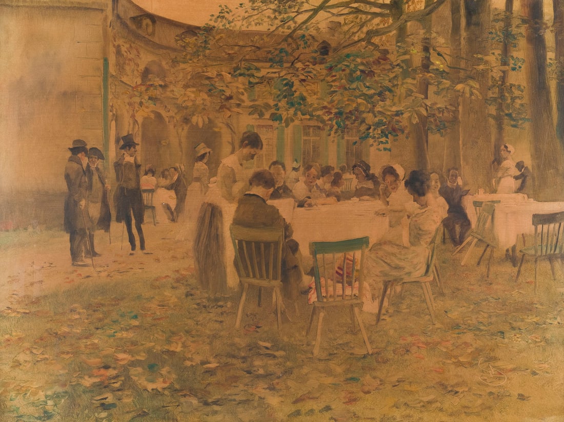 WILHELM SCHREUER | KAFFEEGESELLSCHAFT IM HOFGARTEN: WILHELM SCHREUER 1866 Wesel - 1933 Dusseldorf COFFEE PARTY IN THE HOFGARTEN Oil on paper, laid down on canvas. 60 x 80 cm (Frame: 76 x 96 cm). Monogrammed lower right. Browned/Toned. Framed behind gla