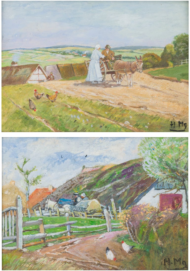 HUGO MUeHLIG | ZWEI ARBEITEN: DORFLANDSCHAFTEN MIT FUHRWERK: HUGO MUeHLIG 1854 Dresden - 1929 Duesseldorf TWO WORKS: RURAL LANDSCAPES WITH HORSE-DRAWN WAGONS Gouache on paper. Approx. 12.5 x 18 cm (f. 24 x 30 cm) and 12.5 x 19 cm (f. 24 x 31 cm). Each signed. E
