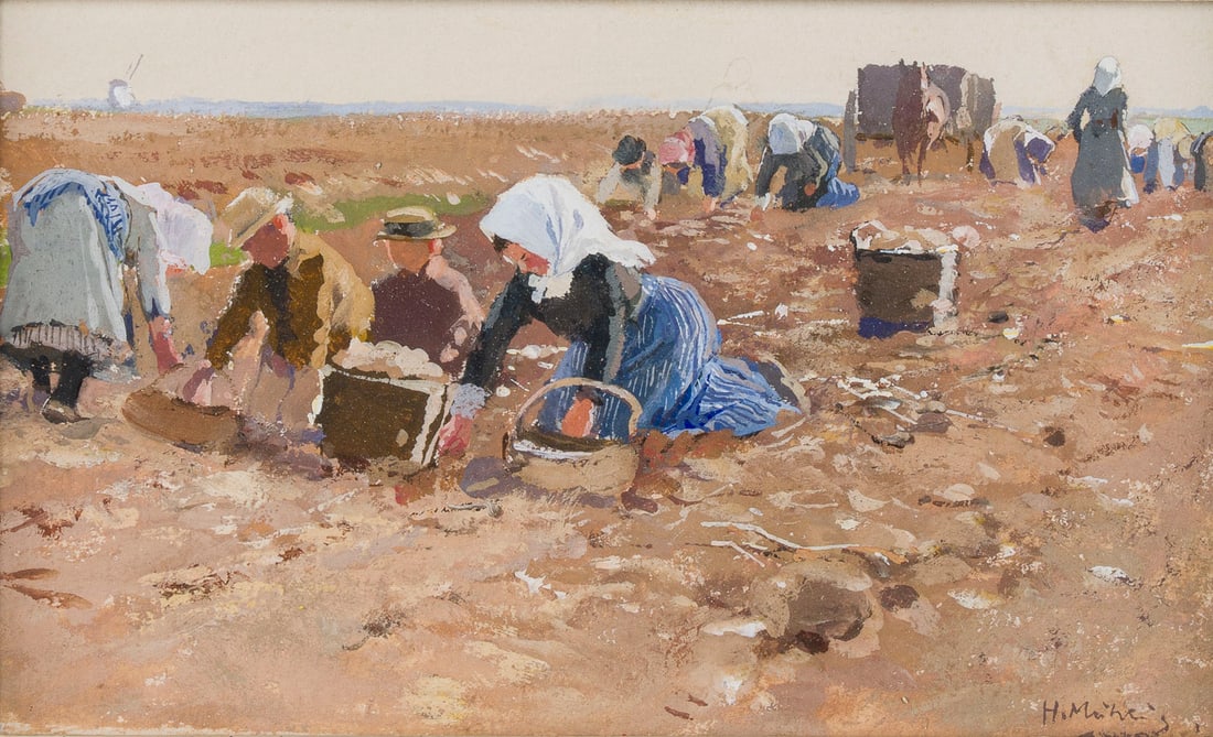 HUGO MUeHLIG | KARTOFFELERNTE: HUGO MUHLIG 1854 Dresden - 1929 Dusseldorf POTATO HARVEST Gouache on paper. Approx. 9 x 16.5 cm (f. 20.5 x 27.5 cm). Signed lower right. Framed under glass.HUGO MUeHLIG 1854 Dresden - 1929 Duesseldorf