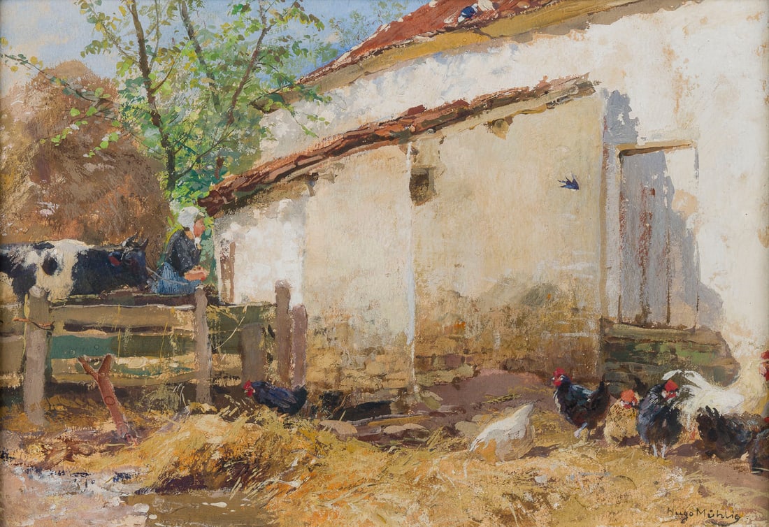 HUGO MUeHLIG | SONNIGER TAG AUF DEM BAUERNHOF: HUGO MUHLIG 1854 Dresden - 1929 Dusseldorf SUNNY DAY IN THE FARMYARD Gouache on paper. Approx. 17 x 25 cm (f. 29 x 37.5 cm). Signed lower right. Framed under glass.HUGO MUeHLIG 1854 Dresden - 1929 Due
