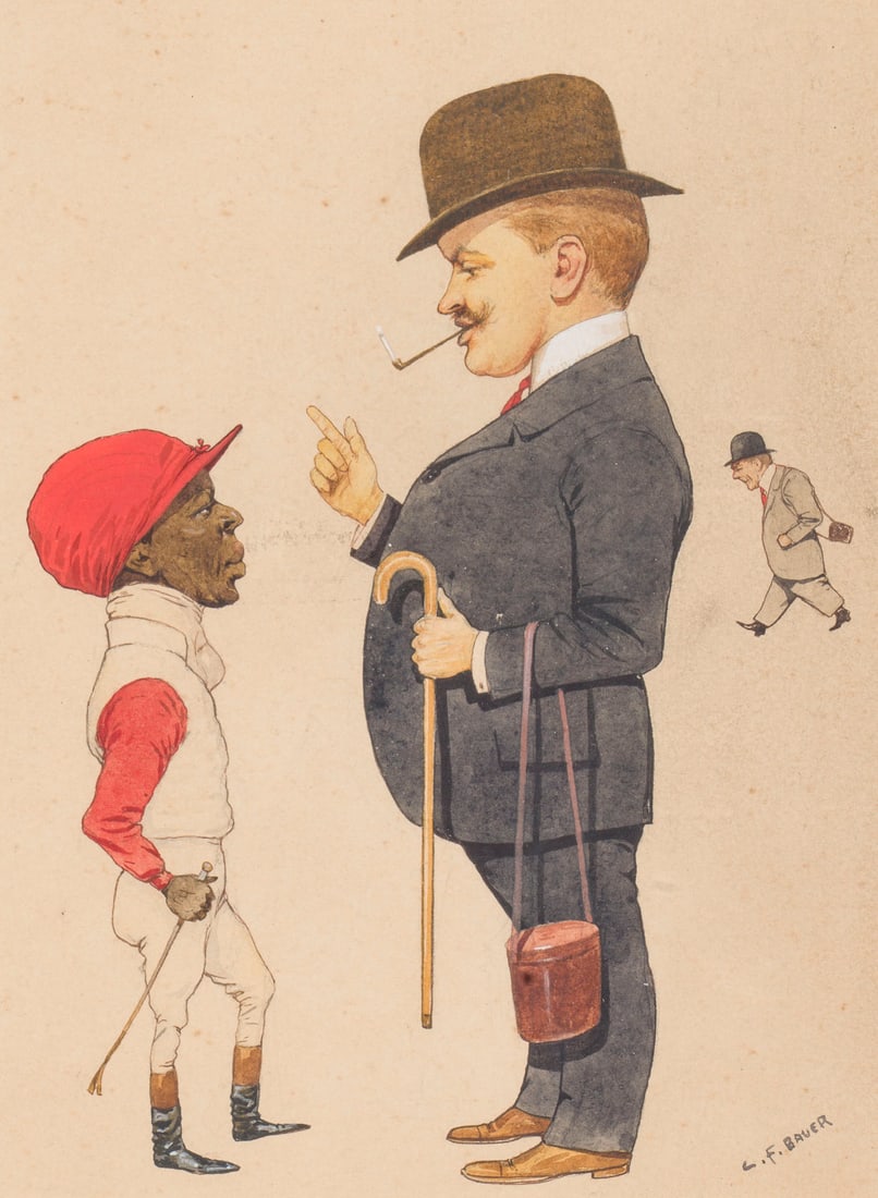 CARL FRANZ BAUER | DER JOCKEY UND DER HERR MIT HUT: CARL FRANZ BAUER 1879 Vienna - 1954 ibid. THE JOCKEY AND THE GENTLEMAN WITH A HAT Watercolor on paper. 23 x 17 cm (F. 40 x 29 cm). Signed lower right. Framed under glass, sealed on the reverse, unopen