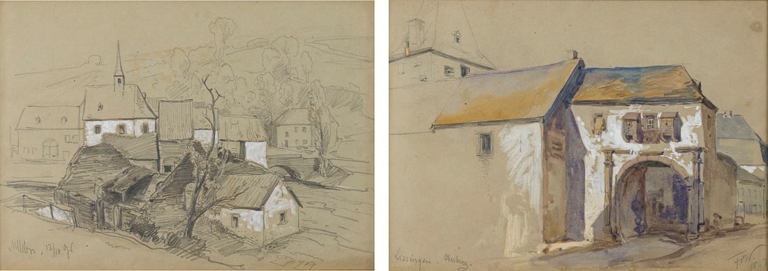 FRITZ VON WILLE | ZWEI ARBEITEN: LISSINGEN, OBERBURG. 1897 / MUeLLEN. 12/10 1896: FRITZ VON WILLE 1860 Weimar - 1941 Duesseldorf ZWEI ARBEITEN: LISSINGEN, OBERBURG. 1897 / MUeLLEN. 12/10 1896 Bleistift auf Paier, weiss gehoeht. 25, 5 x 36 cm (R. 41 x 52 cm). Signiert und datiert. B
