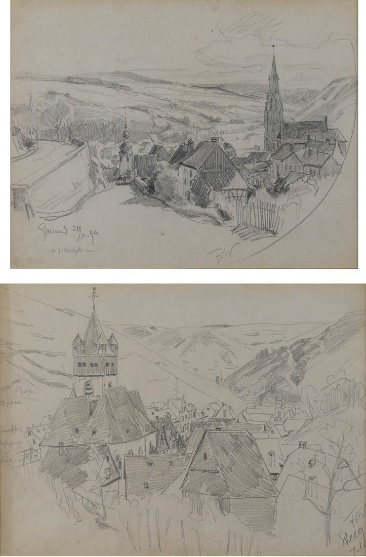 FRITZ VON WILLE | ZWEI ARBEITEN: STEEG 7.1 / GEMUeND 20.10.95: FRITZ VON WILLE 1860 Weimar - 1941 Duesseldorf ZWEI ARBEITEN: STEEG 7.1 / GEMUeND 20.10.95 Bleistift auf Papier. Sichtmasse 24,5 x 33 cm (R. 39,5 x 51 cm). Jeweils monogrammiert und datiert. Bevor Fri