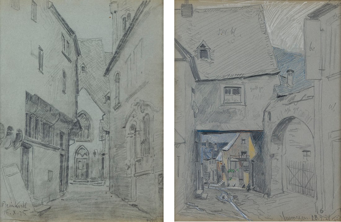 FRITZ VON WILLE | ZWEI ARBEITEN: BERNKASTEL 16.10.25 / NEUMAGEN 18.9.21: FRITZ VON WILLE 1860 Weimar - 1941 Duesseldorf ZWEI ARBEITEN: BERNKASTEL 16.10.25 / NEUMAGEN 18.9.21 Bleistift auf Papier. Sichtmasse ca. 29 x 22,5 cm (R. 45 x 36 cm). Jeweils monogrammiert und datier