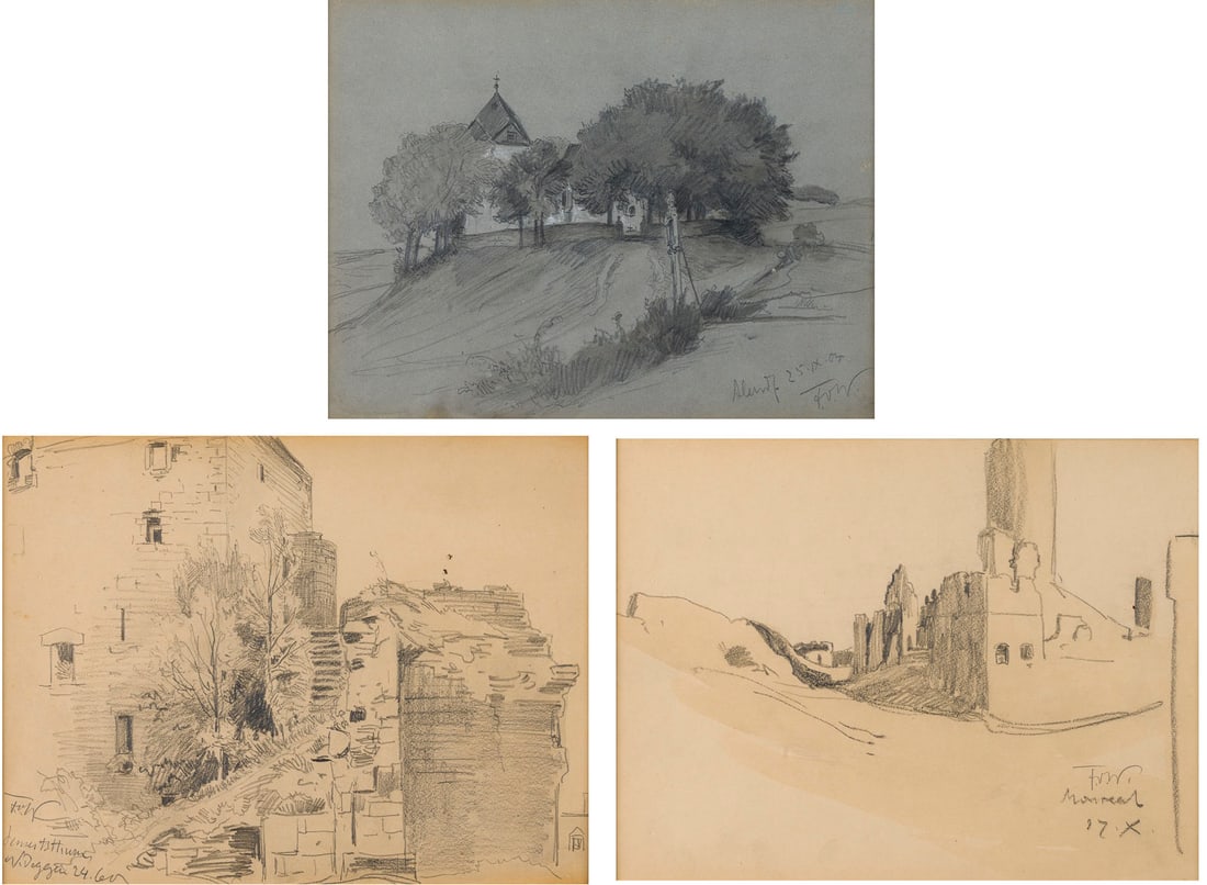 FRITZ VON WILLE | DREI ARBEITEN: ALENDORF 25.09.07 / MONREAL 17.10 / NIDEGGEN 24.6: FRITZ VON WILLE 1860 Weimar - 1941 Duesseldorf DREI ARBEITEN: ALENDORF 25.09.07 / MONREAL 17.10 / NIDEGGEN 24.6 Bleistift auf Papier. Sichtmasse ca. 24 x 31 cm (R. jeweils 37 x 45,5 cm). Jeweils monog
