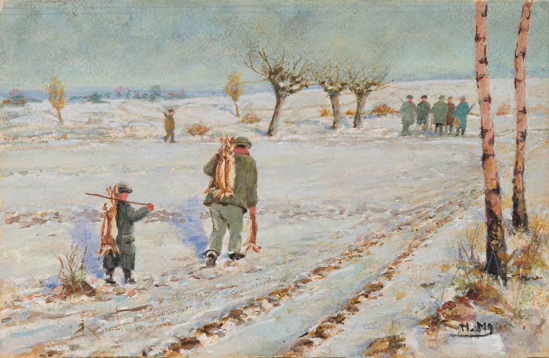 HUGO MUeHLIG | WINTERLANDSCHAFT MIT JAeGERN: HUGO MUeHLIG 1854 Dresden - 1929 Duesseldorf WINTER LANDSCAPE WITH HUNTERS Gouache on paper. 18 x 27.5 cm (f. 35 x 44.5 cm). Signed lower right. Framed under glass.HUGO MUeHLIG 1854 Dresden - 1929 Due