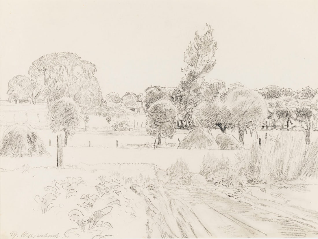 MAX CLARENBACH | LANDSCHAFT MIT HEUSCHOBERN: MAX CLARENBACH 1880 Neuss - 1952 Wittlaer LANDSCAPE WITH HAYSTACKS Pencil on paper. Visible size 33 x 44 cm (f. 49 x 61 cm). Signed lower left. Framed under glass with a mat.MAX CLARENBACH 1880 Neuss 