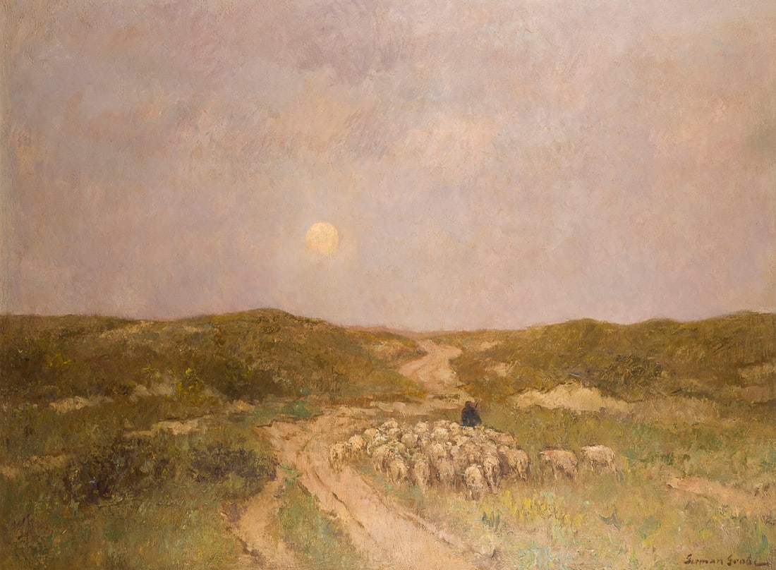 GERMAN GROBE | HIRTE MIT SEINER SCHAFHERDE IN DER ABENDDAeMMERUNG: GERMAN GROBE 1857 Hanau - 1938 Duesseldorf HIRTE MIT SEINER SCHAFHERDE IN DER ABENDDAeMMERUNG Oel auf Leinwand, doibliert. 91 x 120 cm (R. 101 x 132 cm). Unten rechts signiert. Rahmen.GERMAN GROBE 185
