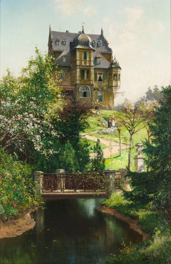 JACQUES MATTHIAS SCHENKER | FRUeHLING IM ALTEN GARTEN, DRESDEN: JACQUES MATTHIAS SCHENKER 1854 Lucerne - 1927 Vitznau SPRING IN AN OLD GARDEN, DRESDEN Oil on canvas. 88 x 58 cm (f. 106 x 76 cm). Signed lower right. Framed.JACQUES MATTHIAS SCHENKER 1854 Luzern - 19