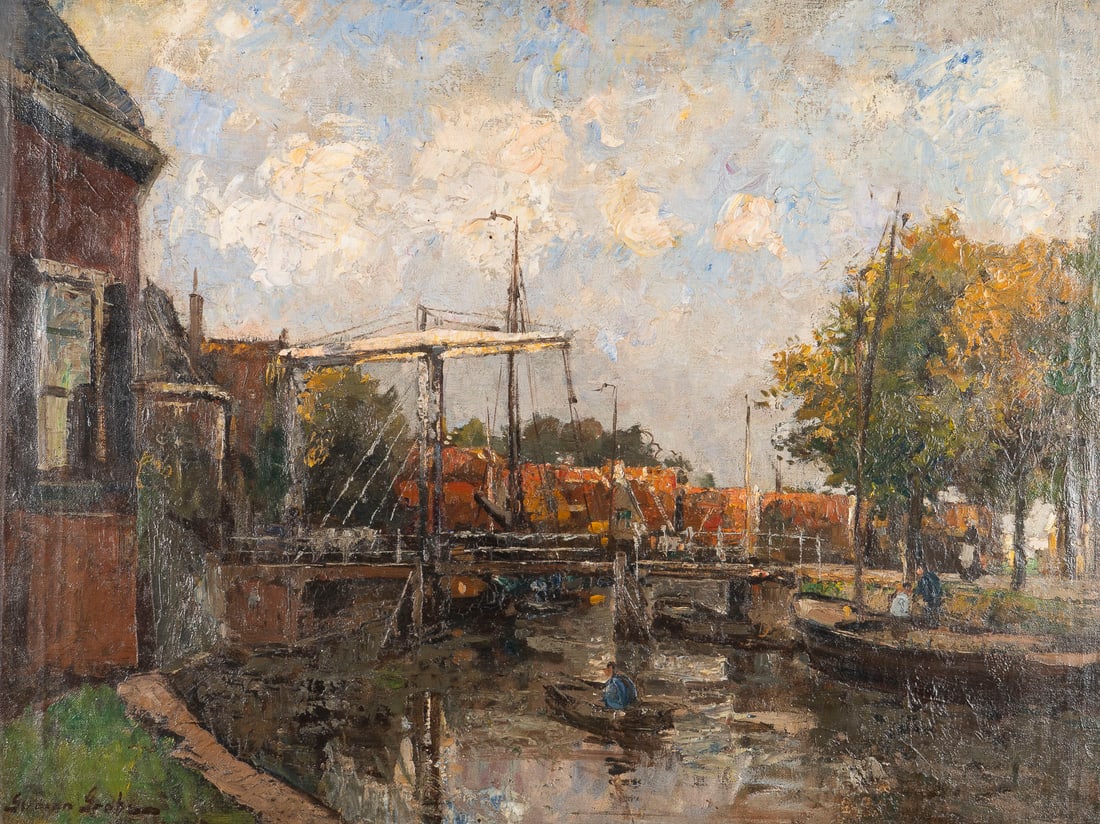 GERMAN GROBE | ZUGBRUeCKE IN KATWIJK: GERMAN GROBE 1857 Hanau - 1938 Duesseldorf DRAWBRIDGE IN KATWIJK Oil on canvas. 61 x 80.5 cm (F. 73 x 93 cm). Signed lower left. Partially restored. Framed.GERMAN GROBE 1857 Hanau - 1938 Duesseldorf