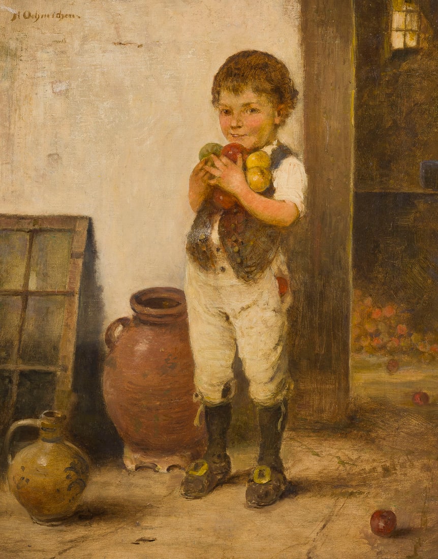 HUGO OEHMICHEN | APFELDIEB: HUGO OEHMICHEN 1843 Borsdorf - 1932 Dusseldorf APPLE THIEF Oil on canvas. 50 x 41 cm (f. 69 x 59 cm). Signed upper left. Framed.HUGO OEHMICHEN 1843 Borsdorf - 1932 Duesseldorf APFELDIEBOel auf Leinwan