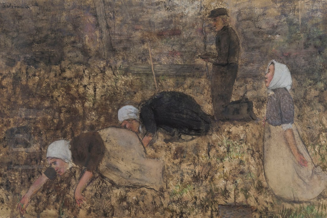 WILHELM SCHMURR | DIEAeHRENLESER: WILHELM SCHMURR 1878 Hagen - 1959 Dusseldorf THE GLEANERS Gouache on paper. Visible dimensions 44 x 66 cm (f. 52 x 74 cm). Signed upper left. Framed under glass.WILHELM SCHMURR 1878 Hagen - 1959